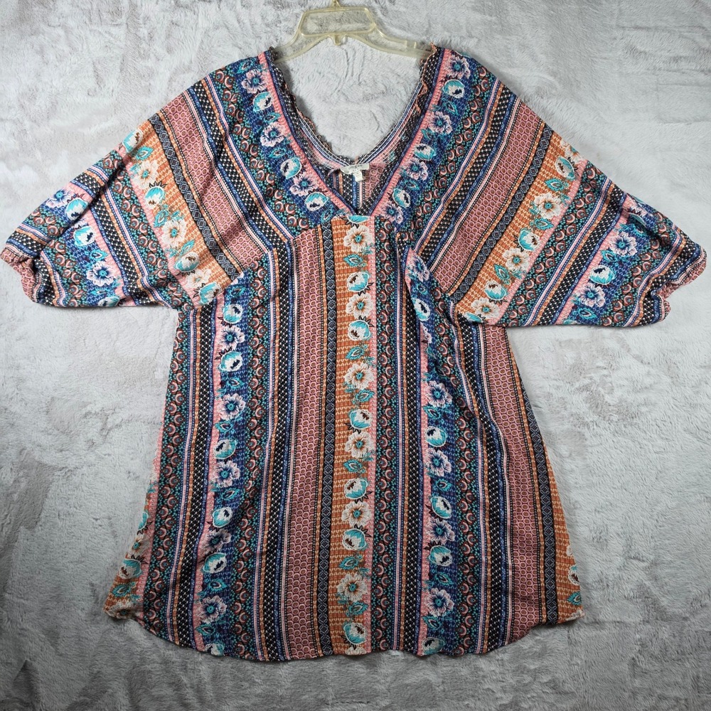 Umgee Tunic Top Womens Medium Multicolor Boho Floral Striped V-Neck Oversized‎